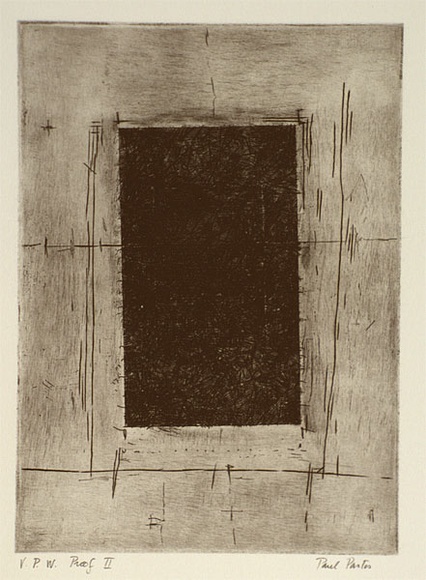 Artist: b'Partos, Paul.' | Title: b'not titled [dark vertical rectangle with thin lines surrounding]' | Date: c.1988 | Technique: b'etching, printed in black ink with plate-tone, from one plate'