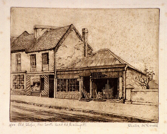 Artist: McDonald, Sheila. | Title: Old shops, New South Head Road, Darling Point | Date: c.1932 | Technique: etching, aquatint, printed in brown ink with plate-tone