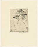 Artist: b'WALKER, Murray' | Title: b'(Young girl in hat - sucking fingers)' | Technique: b'etching, printed in black ink, from one plate'