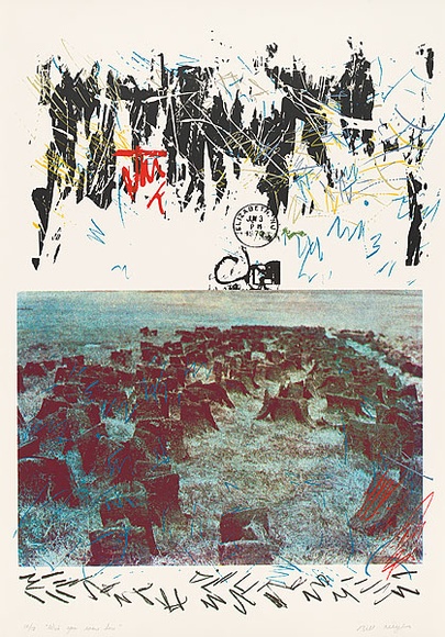 Artist: b'MEYER, Bill' | Title: b'Wish you were here' | Date: 1983 | Technique: b'screenprint, printed in twelve colours, from four colour separation screens, one photographic block out and photo ortho screen, two hand drawn with charcoal on acetate for indirect photo screen' | Copyright: b'\xc2\xa9 Bill Meyer'