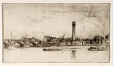 Artist: b'LONG, Sydney' | Title: b'The old shot and powder works' | Date: 1925 | Technique: b'line-etching, printed in black ink, from one copper plate' | Copyright: b'Reproduced with the kind permission of the Ophthalmic Research Institute of Australia'