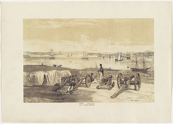 Artist: b'PROUT, John Skinner' | Title: bPort Jackson, from Dawe's Battery. | Date: 1842 | Technique: b'lithograph, printed in colour, from two stones (black and brown tint stone)'