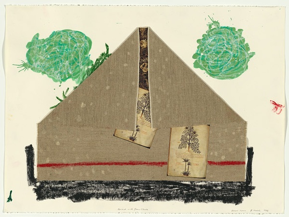 Artist: b'Lynn, Elwyn.' | Title: b'Pyramid with green clouds' | Date: 1982, 7 March | Technique: b'lithograph, printed in black ink, from one stone; collage, fabric and commercially printed matter; hand applied ink, paint and crayon'