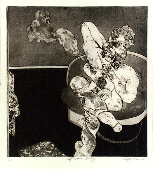Artist: Moynihan, Danny. | Title: Self Portrait Smoking | Date: c.1968 | Technique: etching, printed in black ink, from one plate