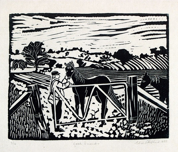 Artist: b'Shepherd, Elise.' | Title: b'Good friends' | Date: 1985 | Technique: b'linocut, printed in green ink, from one block'