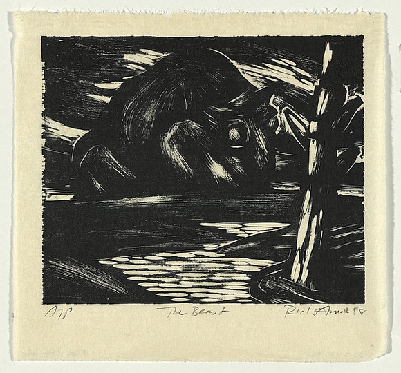 Artist: b'AMOR, Rick' | Title: b'The beast.' | Date: 1988 | Technique: b'woodcut, printed in black ink, from one block'