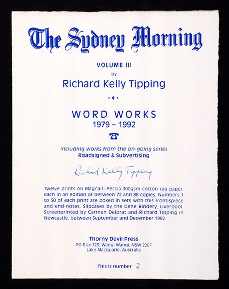 Artist: b'TIPPING, Richard' | Title: b'The Sydney Morning Herald Vol.III from Words Works 1979-1992 including works from the on-going series Roadsigned and Subvertising.' | Date: 1992 | Technique: b'screenprints, printed in colour'