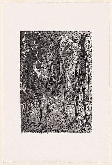 Artist: Hayward Pooaraar, Bevan. | Title: Yongas (Kangaroos) Spiritual Concerns | Date: 1988 | Technique: lithograph