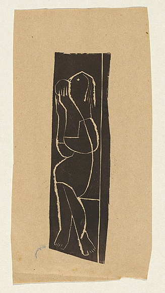 Title: b'not titled [figure with ball]' | Technique: b'linocut, printed in brown ink,  from one block'