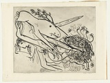 Artist: b'BOYD, Arthur' | Title: b'Dog with crutches and falling figure.' | Date: (1968-69) | Technique: b'etching, printed in black ink, from one plate' | Copyright: b'Reproduced with permission of Bundanon Trust'