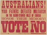 Title: b'Australians! Your fathers defeated militarism on the blood-stained hills of Eureka.' | Date: c.1918 | Technique: b'stencil print, printed in red ink, from one hand-cut cardboard stencil'