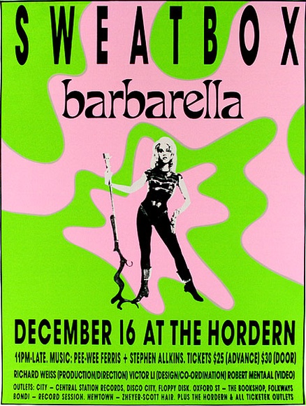 Artist: b'VARIOUS' | Title: b'Sweatbox. Barbarella. Hordern [small version]' | Date: 1989 | Technique: b'screenprint, printed in colour, from multiple stencils'
