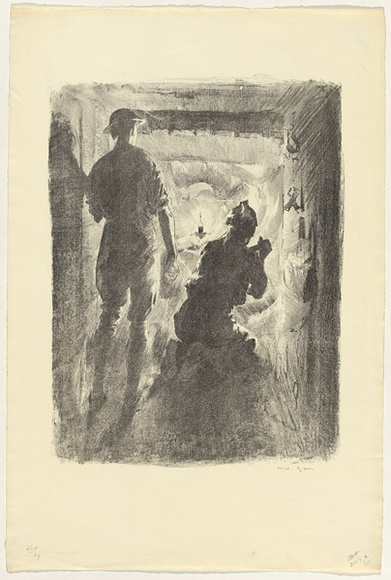 Artist: b'Dyson, Will.' | Title: b'Australian tunnellers near Nieuport.' | Date: 1918 | Technique: b'lithograph, printed in black ink, from one stone'
