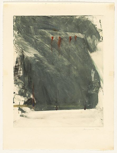 Artist: b'Maguire, Tim.' | Title: b'Not titled [monoprint of grey expanse and four red brush strokes]' | Date: 1982 | Technique: b'monoprint, printed in colour, from one plate'