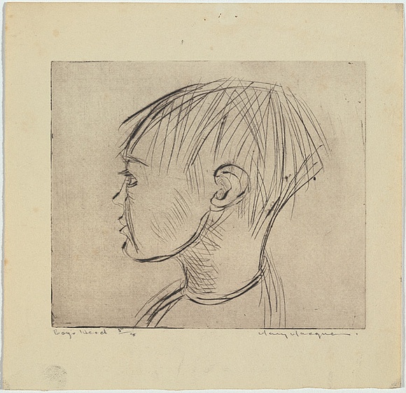 Artist: MACQUEEN, Mary | Title: Boy's head | Date: c.1960 | Technique: drypoint, printed in black ink with plate-tone, from one zinc plate | Copyright: Courtesy Paulette Calhoun, for the estate of Mary Macqueen
