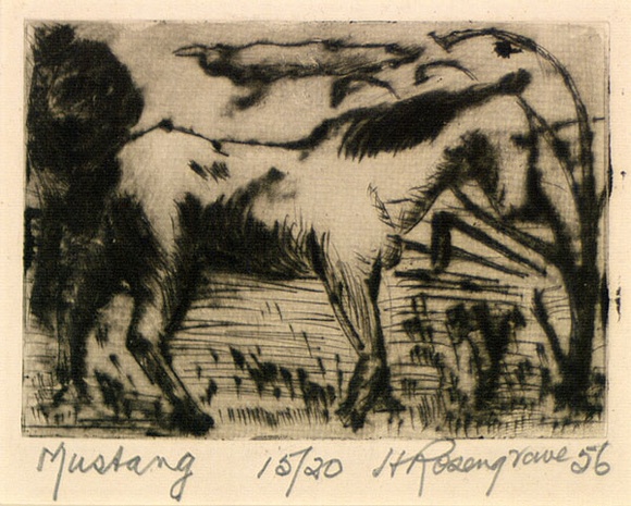 Artist: b'ROSENGRAVE, Harry' | Title: b'Mustang' | Date: 1956 | Technique: b'drypoint, printed in black ink with plate-tone, from one plate'