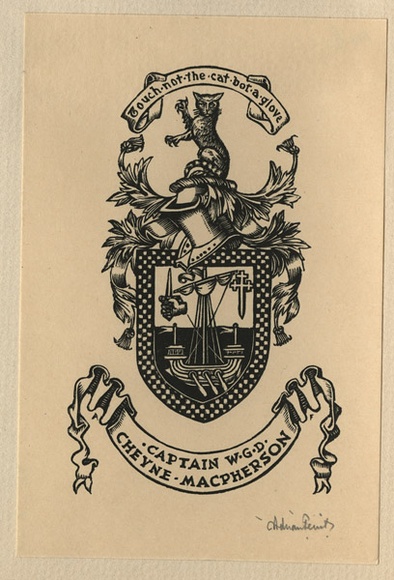 Artist: b'FEINT, Adrian' | Title: b'Bookplate: Captain W.G.D. Cheyne-MacPherson.' | Date: (1934) | Technique: b'wood-engraving, printed in black ink, from one block' | Copyright: b'Courtesy the Estate of Adrian Feint'