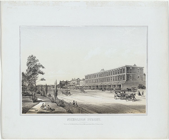 Artist: b'UNKNOWN AUSTRALIAN ARTIST,' | Title: b'Nicholson Street.' | Date: 1864 | Technique: b'lithograph, printed in colour, from two stones'
