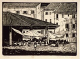 Artist: b'Owen, Gladys.' | Title: b'(Mediterranean village street market)' | Date: 1937 | Technique: b'wood-engraving, printed in black ink, from one block' | Copyright: b'\xc2\xa9 Estate of David Moore'