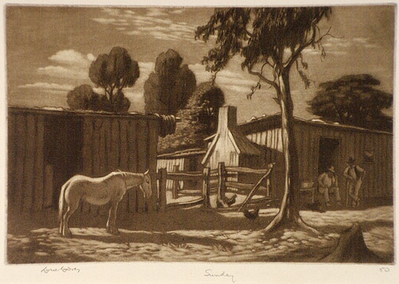 Artist: b'LINDSAY, Lionel' | Title: b'Sunday' | Date: 1950s | Technique: b'mezzotint and etching, printed in brown ink, from one plate' | Copyright: b'Courtesy of the National Library of Australia'