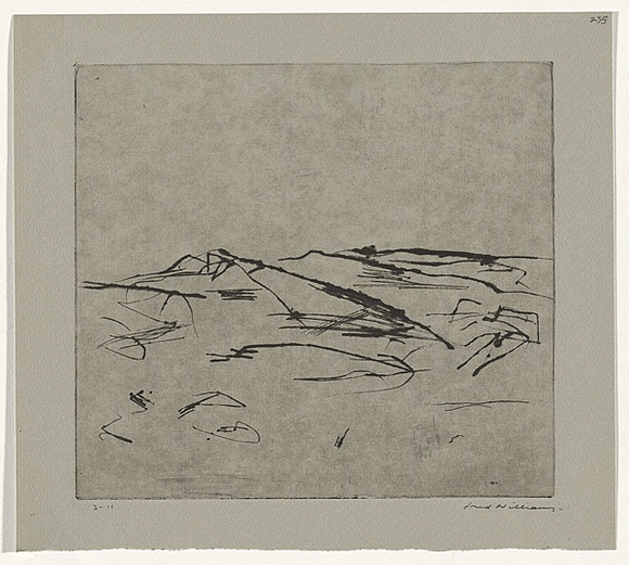 Artist: b'WILLIAMS, Fred' | Title: b'Mountain landscape. Number 1' | Date: 1965-66 | Technique: b'drypoint and engraving, printed in black ink, from one plate' | Copyright: b'\xc2\xa9 Fred Williams Estate'