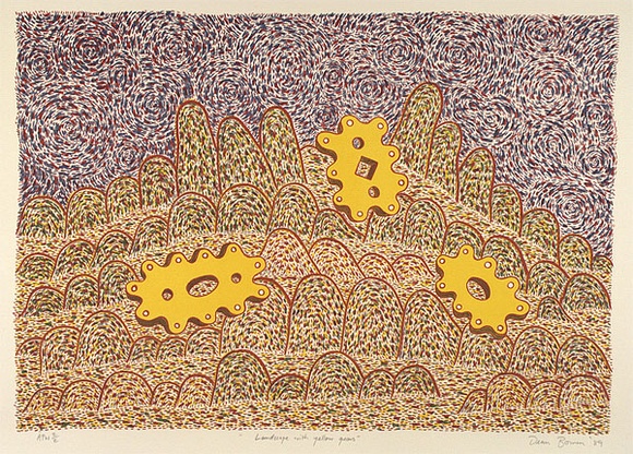 Artist: b'Bowen, Dean.' | Title: b'Landscape with yellow gears' | Date: 1989 | Technique: b'lithograph, printed in colour, from multiple stones'