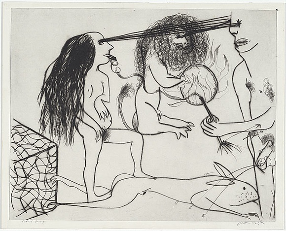 Artist: b'BOYD, Arthur' | Title: b'Nude figures with lion (lion tamer).' | Date: (1968-69) | Technique: b'drypoint, printed in black ink, from one plate' | Copyright: b'Reproduced with permission of Bundanon Trust'