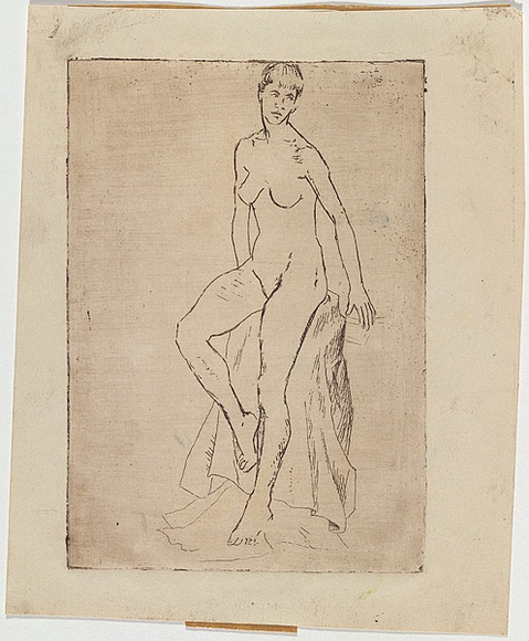 Artist: b'Barwell, Jennifer.' | Title: b'(Nude).' | Date: (1955) | Technique: b'etching, printed in brown ink with plate-tone, from one  plate'