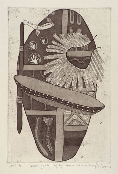 Artist: b'Couzens, Vicki.' | Title: b'Woom gunditj ngeeye alammeen meereng' | Date: 2000, June | Technique: b'etching, printed in black ink, from one plate' | Copyright: b'\xc2\xa9 V. Couzens'