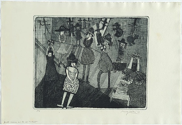 Artist: b'WALKER, Murray' | Title: b'Yvette, Sabrina and Ben at Kallista.' | Date: 1966 | Technique: b'etching, printed in blue-black ink, from one plate'