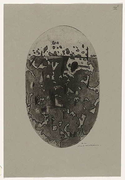 Artist: b'WILLIAMS, Fred' | Title: b'Oval landscape' | Date: 1965-66 | Technique: b'sugar aquatint, engraving and drypoint, printed in black ink, from one zinc plate' | Copyright: b'\xc2\xa9 Fred Williams Estate'