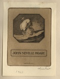 Artist: b'FEINT, Adrian' | Title: b'Bookplate: John Neville Hoare.' | Date: 1923 | Technique: b'etching, printed in brown ink with plate-tone, from one plate' | Copyright: b'Courtesy the Estate of Adrian Feint'