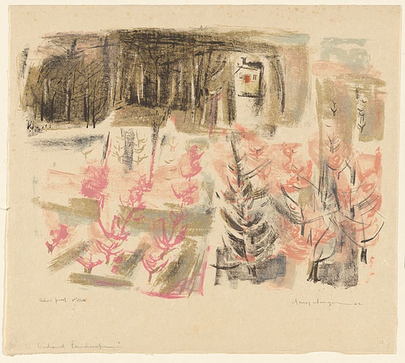 Artist: b'MACQUEEN, Mary' | Title: b'Orchard landscape' | Date: 1962 | Technique: b'lithograph, printed in colour, from multiple plates' | Copyright: b'Courtesy Paulette Calhoun, for the estate of Mary Macqueen'