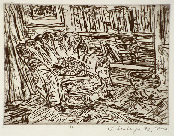 Artist: b'Senbergs, Jan.' | Title: b'Dog in chair' | Date: 1992 | Technique: b'etching, printed in black ink, from one plate' | Copyright: b'\xc2\xa9 Jan Senbergs'