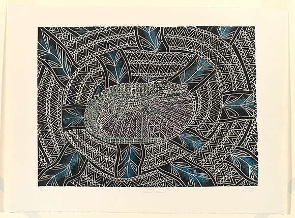 Artist: GELA, Anne | Title: Koedal: crocodile hatching | Date: 1993 | Technique: linocut, printed in black ink, from one block; hand-coloured