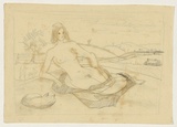 Artist: Hirschfeld Mack, Ludwig. | Title: not titled [Reclining female nude in landscape] [recto]; [Study for 'Reclining female nude in landscape'] [verso] | Date: (1950-59?) | Technique: transfer print (recto)