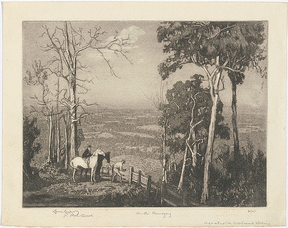 Artist: b'LINDSAY, Lionel' | Title: b'On the Kurrajong' | Date: 1932 | Technique: b'aquatint, softground etching, roulette and etching, printed in black ink, from one plate' | Copyright: b'Courtesy of the National Library of Australia'