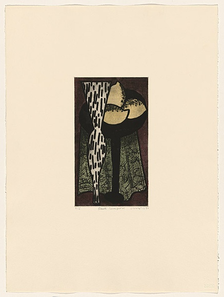 Title: b'Black compote' | Date: 1990 | Technique: b'drypoint and aquatint, printed in black ink, from one plate; additional hand colouring'