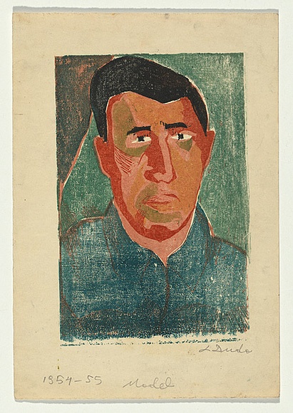 Artist: b'Groblicka, Lidia.' | Title: b'Model [portrait of a man].' | Date: 1954-55 | Technique: b'woodcut, printed in colour, from multiple blocks'