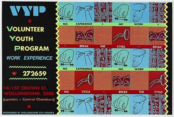 Artist: Lane, Leonie. | Title: Volunteer Youth Program. | Date: 1985 | Technique: screenprint, printed in colour, from four stencils | Copyright: © Leonie Lane
