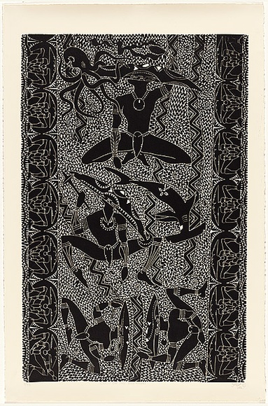 Artist: b'Mackie, Glen.' | Title: b'Cult of the Brethren' | Date: 2002 | Technique: b'linocut, printed in black ink, from one block'