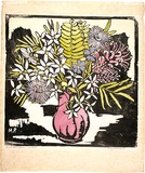 Artist: b'PRESTON, Margaret' | Title: b'Native flowers' | Date: c.1935 | Technique: b'woodcut, printed in black ink, from one block; hand-coloured' | Copyright: b'\xc2\xa9 Margaret Preston. Licensed by VISCOPY, Australia'