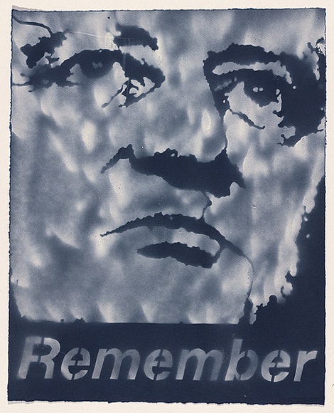 Artist: b'Azlan.' | Title: b'Remember (your history).' | Date: 2003 | Technique: b'stencil, printed in white ink, from multiple stencils'