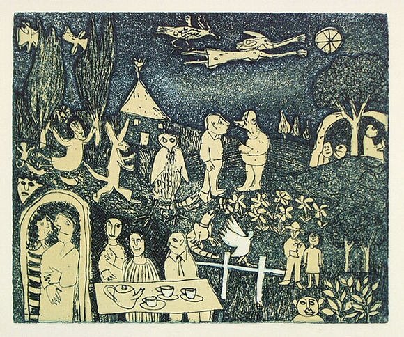 Artist: b'Allen, Joyce.' | Title: b'(Tea party).' | Date: (1980s) | Technique: b'etching, printed in colour, from two  plates'