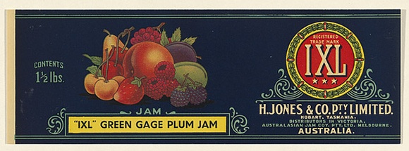 Artist: b'UNKNOWN' | Title: b'Label: IXL green gage plum jam' | Date: c.1920 | Technique: b'lithograph, printed in colour, from multiple stones [or plates]'