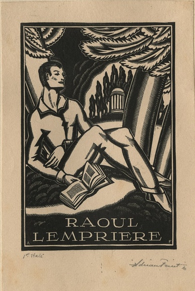 Artist: b'FEINT, Adrian' | Title: b'Bookplate: Raoul Lempriere.' | Date: 1930 | Technique: b'wood-engraving, printed in black ink, from one block' | Copyright: b'Courtesy the Estate of Adrian Feint'