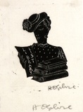 Artist: b'OGILVIE, Helen' | Title: b'not titled [Bust of woman holding and reading library list, and three books].' | Date: c.1942 | Technique: b'wood-engraving, printed in black ink, from one block'