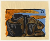 Artist: bL'Estrange, Sally. | Title: bThunderbolt's rock. | Date: 1989 | Technique: b'woodcut, printed in black ink, from one block; gouache and pastel additions'