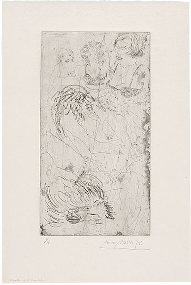 Artist: b'WALKER, Murray' | Title: b'Masks and scratches.' | Date: 1976 | Technique: b'etching, printed in black ink, from one plate'