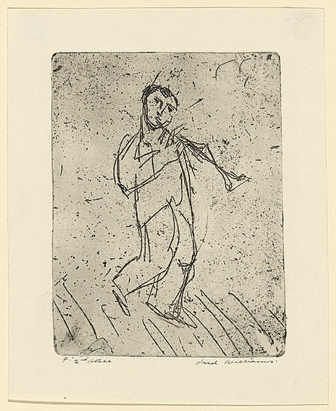 Artist: b'WILLIAMS, Fred' | Title: b'The trumpeter' | Date: 1955-56 | Technique: b'etching and foul biting, printed in black ink, from one copper plate' | Copyright: b'\xc2\xa9 Fred Williams Estate'